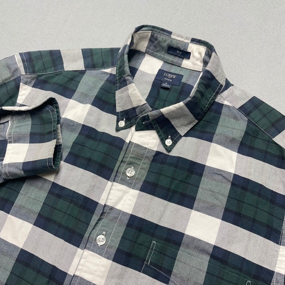 J.Crew Slim Fit Oxford Shirt Mens Medium Green Navy White Plaid Button Down‎